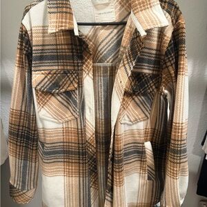 Thread & Supply Tan and Cream Plaid Utility Jacket, Fleece